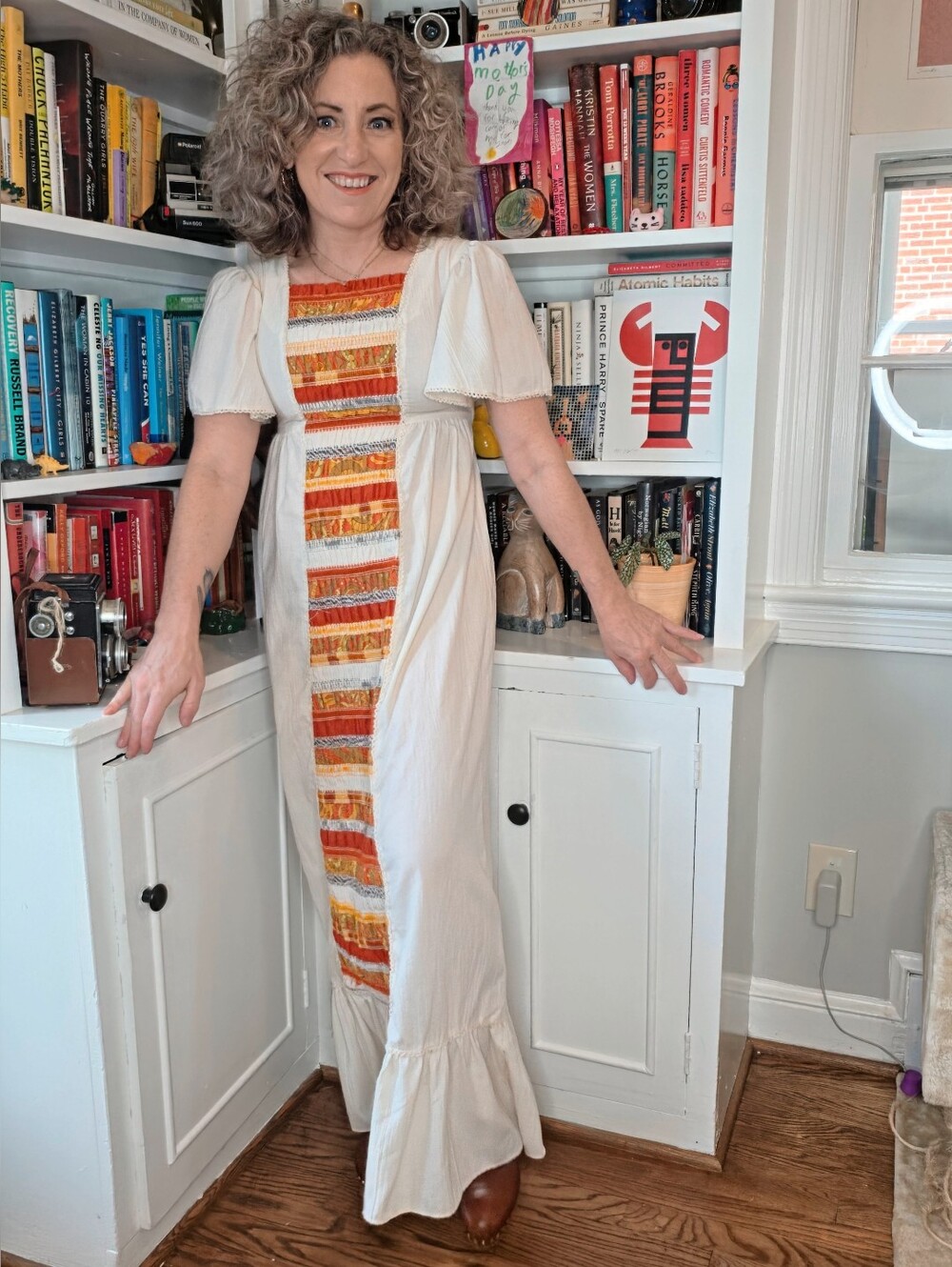 Vintage 70s Peggy Barker Cream Maxi Dress Size S Embroidered Panel